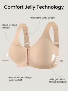 Barelissa Women's Solid Color Front Closure Wireless Seamless Back Smoothing Bra With Gel Strips Super Support Push Up Breathable Everyday Wear - Apricot - View 2