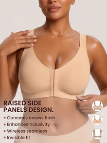 Barelissa Women's Solid Color Front Closure Wireless Seamless Back Smoothing Bra With Gel Strips Super Support Push Up Breathable Everyday Wear - Apricot - View 6