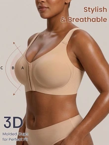 Barelissa Women's Solid Color Front Closure Wireless Seamless Back Smoothing Bra With Gel Strips Super Support Push Up Breathable Everyday Wear - Apricot - View 5