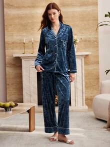 Moireta Women's Heart Pattern Long Sleeve Top And Pants Casual Daily Home Sleepwear Set - Dusty Blue - View 6