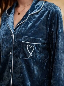 Moireta Women's Heart Pattern Long Sleeve Top And Pants Casual Daily Home Sleepwear Set - Dusty Blue - View 5