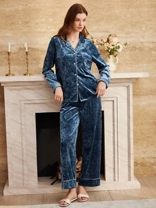 Moireta Women's Heart Pattern Long Sleeve Top And Pants Casual Daily Home Sleepwear Set - Dusty Blue - View 7