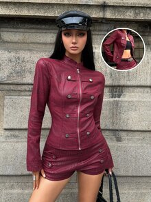 Jeanoix Y2K Women's Double-Breasted Zipper Long Sleeve Crocodile Pattern Jacket And Sexy Shorts 2 Pieces Set - Burgundy - View 9