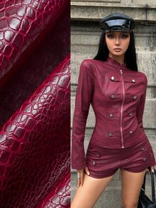 Jeanoix Y2K Women's Double-Breasted Zipper Long Sleeve Crocodile Pattern Jacket And Sexy Shorts 2 Pieces Set - Burgundy - View 1