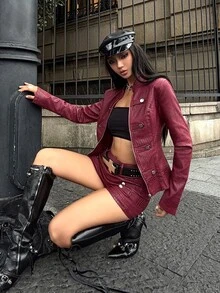 Jeanoix Y2K Women's Double-Breasted Zipper Long Sleeve Crocodile Pattern Jacket And Sexy Shorts 2 Pieces Set - Burgundy - View 8