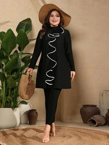SHEIN Swim 大码撞色荷叶边布基尼泳衣 - 黑色 - 查看 8