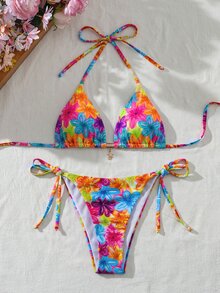 SHEIN Swim 彩色花卉印花掛脖三角杯比基尼兩件式泳衣，後綁帶側綁帶，多巴胺花卉風格，適合海灘度假、泳池休閒、夏季出遊、島嶼旅行，可調節綁帶 - 彩色 - 查看 6