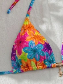 SHEIN Swim 彩色花卉印花掛脖三角杯比基尼兩件式泳衣，後綁帶側綁帶，多巴胺花卉風格，適合海灘度假、泳池休閒、夏季出遊、島嶼旅行，可調節綁帶 - 彩色 - 查看 7