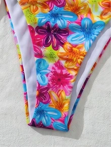 SHEIN Swim 彩色花卉印花掛脖三角杯比基尼兩件式泳衣，後綁帶側綁帶，多巴胺花卉風格，適合海灘度假、泳池休閒、夏季出遊、島嶼旅行，可調節綁帶 - 彩色 - 查看 8