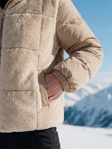 WanderVale Winter Hooded Khaki Padded Coat With Faux Fur Patchwork Long Sleeve - Khaki - View 6