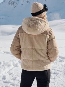 WanderVale Winter Hooded Khaki Padded Coat With Faux Fur Patchwork Long Sleeve - Khaki - View 2