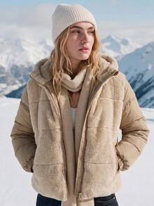WanderVale Winter Hooded Khaki Padded Coat With Faux Fur Patchwork Long Sleeve - Khaki - View 1