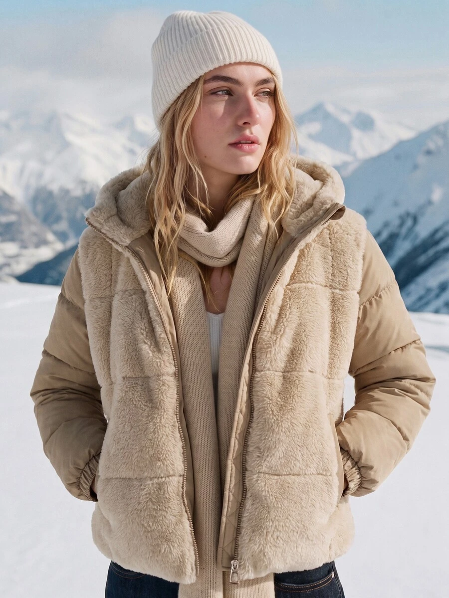 WanderVale Winter Hooded Khaki Padded Coat With Faux Fur Patchwork Long Sleeve - Khaki - View 1