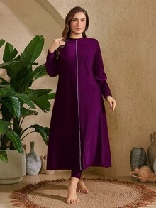 SHEIN Swim 2pcs Plus Size Women's Solid Color Burkini Set: Lined Decorated Tankini Top And Solid Color Long Pants Beach Party Summer Navy Blue Elegant - Violet Purple - View 8