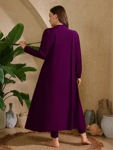 SHEIN Swim 2pcs Plus Size Women's Solid Color Burkini Set: Lined Decorated Tankini Top And Solid Color Long Pants Beach Party Summer Navy Blue Elegant - Violet Purple - View 4