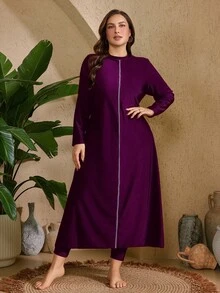SHEIN Swim 2pcs Plus Size Women's Solid Color Burkini Set: Lined Decorated Tankini Top And Solid Color Long Pants Beach Party Summer Navy Blue Elegant - Violet Purple - View 3