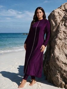 SHEIN Swim 2pcs Plus Size Women's Solid Color Burkini Set: Lined Decorated Tankini Top And Solid Color Long Pants Beach Party Summer Navy Blue Elegant - Violet Purple - View 1