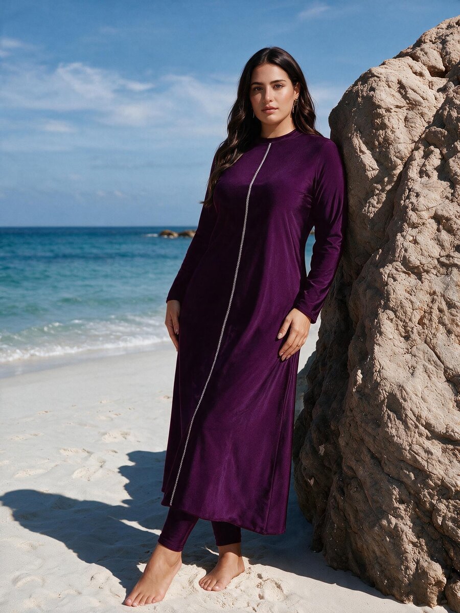 SHEIN Swim 2pcs Plus Size Women's Solid Color Burkini Set: Lined Decorated Tankini Top And Solid Color Long Pants Beach Party Summer Navy Blue Elegant - Violet Purple - View 1
