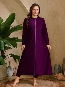 SHEIN Swim 2pcs Plus Size Women's Solid Color Burkini Set: Lined Decorated Tankini Top And Solid Color Long Pants Beach Party Summer Navy Blue Elegant - Violet Purple - View 5