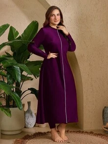 SHEIN Swim 2pcs Plus Size Women's Solid Color Burkini Set: Lined Decorated Tankini Top And Solid Color Long Pants Beach Party Summer Navy Blue Elegant - Violet Purple - View 6