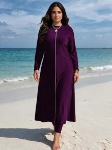 SHEIN Swim 2pcs Plus Size Women's Solid Color Burkini Set: Lined Decorated Tankini Top And Solid Color Long Pants Beach Party Summer Navy Blue Elegant - Violet Purple - View 2