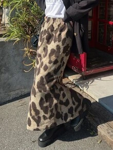 FRIFUL 女款時尚豹紋中長裙街頭風秋季 - 棕色 - 查看 4