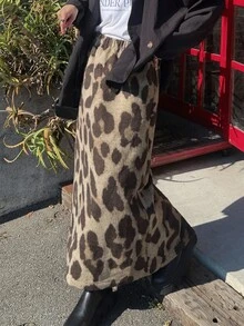 FRIFUL 女款時尚豹紋中長裙街頭風秋季 - 棕色 - 查看 3