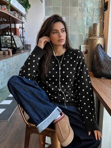 Dazy Plus Korean Style Casual Round Neck Polka Dot Colorblock Long Sleeve Cardigan Sweater Fall - Black - View 5