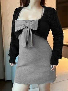 Dazy Plus Ultra Cropped Jacket With Bow Decor And Skirt Sweater 2 Pieces Set Fall - Grey - View 5
