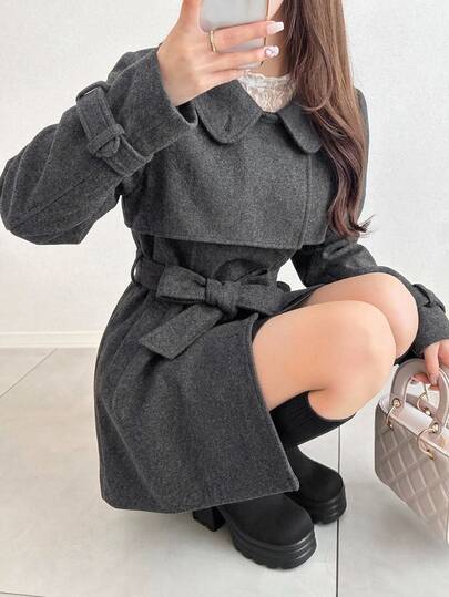 FRIFUL Women's Solid Color Waist Knot Casual Versatile Overcoat