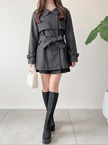 FRIFUL Women's Solid Color Waist Knot Casual Versatile Overcoat Fall - Grey - View 4