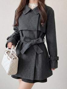 FRIFUL Women's Solid Color Waist Knot Casual Versatile Overcoat Fall - Grey - View 5