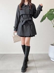 FRIFUL Women's Solid Color Waist Knot Casual Versatile Overcoat Fall - Grey - View 2