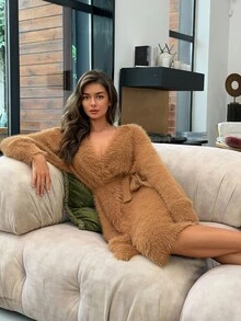 DAZY Bata de mujer cómoda y versátil de felpa de manga larga para el hogar - Albaricoque - Ver 6