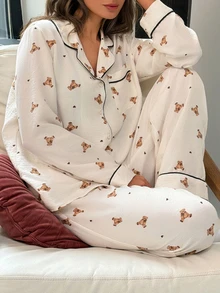 Livesso Women's Cartoon Print Top And Textured Long Pants Pajama Set Fall - White - View 6