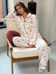 Livesso Women's Cartoon Print Top And Textured Long Pants Pajama Set Fall - White - View 1