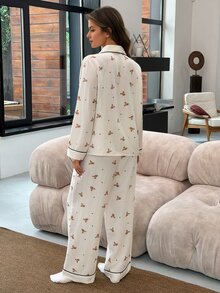 Livesso Women's Cartoon Print Top And Textured Long Pants Pajama Set Fall - White - View 2