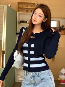 DAZY 女款條紋長袖休閒毛衣 2合1 秋季款 - 寶藍色 - 查看 3