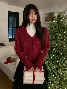 DAZY 女款波點毛球裝飾紅色休閒聖誕針織開襟衫 - 紅色 - 查看 6