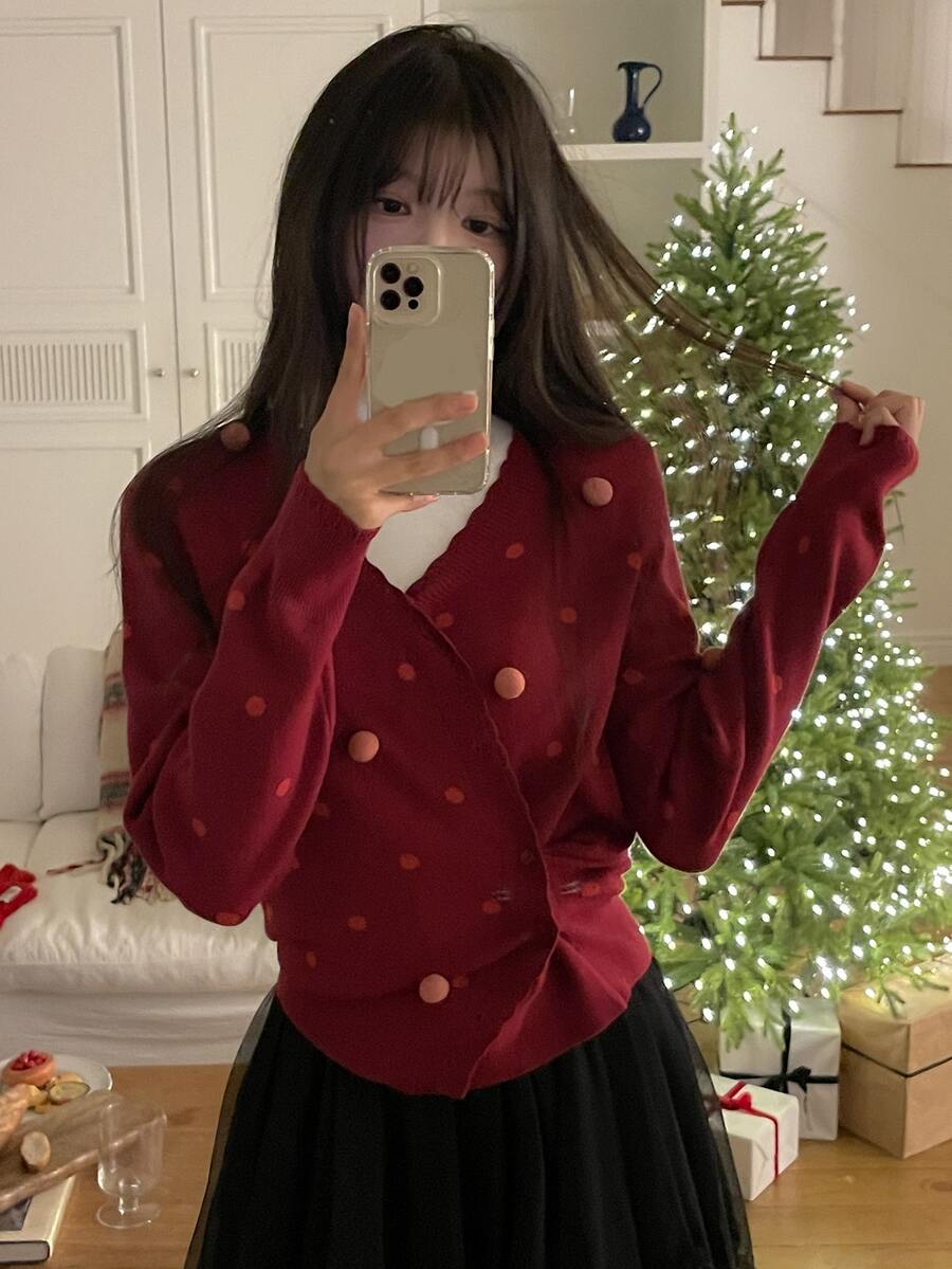DAZY 女款波點毛球裝飾紅色休閒聖誕針織開襟衫 - 紅色 - 查看 1