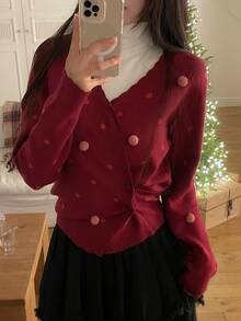 DAZY 女款波點毛球裝飾紅色休閒聖誕針織開襟衫 - 紅色 - 查看 2
