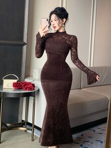 DAZY 秋冬棕色鏤空蕾絲飾邊拼接天鵝絨魚尾裙 優雅派對晚禮服 女款奢華中長洋裝 - 棕色 - 查看 8