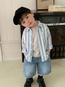 DAZY 嬰兒/幼兒(男童)翻領條紋韓式清新休閒短袖上衣 秋季 - 藍色 - 查看 1