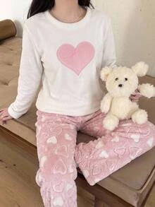 SHEIN 青少年女孩聖誕睡衣 白色粉色刺繡毛絨抓絨圓領長袖秋季上衣 & 愛心印花長褲 2件套，萬聖節睡衣，舒適 - 粉色 - 查看 4