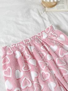 SHEIN 青少年女孩聖誕睡衣 白色粉色刺繡毛絨抓絨圓領長袖秋季上衣 & 愛心印花長褲 2件套，萬聖節睡衣，舒適 - 粉色 - 查看 7