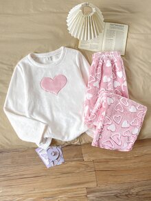 SHEIN 青少年女孩聖誕睡衣 白色粉色刺繡毛絨抓絨圓領長袖秋季上衣 & 愛心印花長褲 2件套，萬聖節睡衣，舒適 - 粉色 - 查看 3