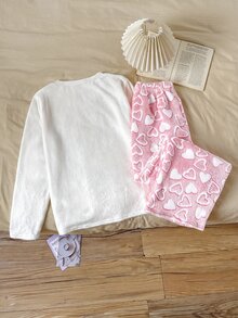 SHEIN 青少年女孩聖誕睡衣 白色粉色刺繡毛絨抓絨圓領長袖秋季上衣 & 愛心印花長褲 2件套，萬聖節睡衣，舒適 - 粉色 - 查看 2