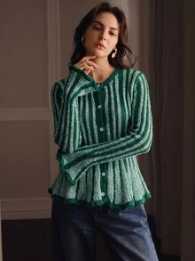 Anewsta 女款藍白條紋寬鬆舒適優雅法式針織開襟衫，適合度假與外出，春秋冬季穿著 - 軍綠色 - 查看 1