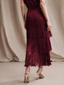 Anewsta 女款春夏新款優雅層次流蘇中長洋裝，修身顯瘦，適合正式場合、派對、時尚通勤、畢業典禮、婚禮 - 酒紅色 - 查看 2