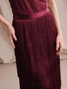 Anewsta 女款春夏新款優雅層次流蘇中長洋裝，修身顯瘦，適合正式場合、派對、時尚通勤、畢業典禮、婚禮 - 酒紅色 - 查看 6